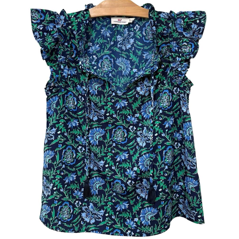 Vineyard Vines Outlet | Top Ruffles Floral Green Blue Preppy V Neck- Small